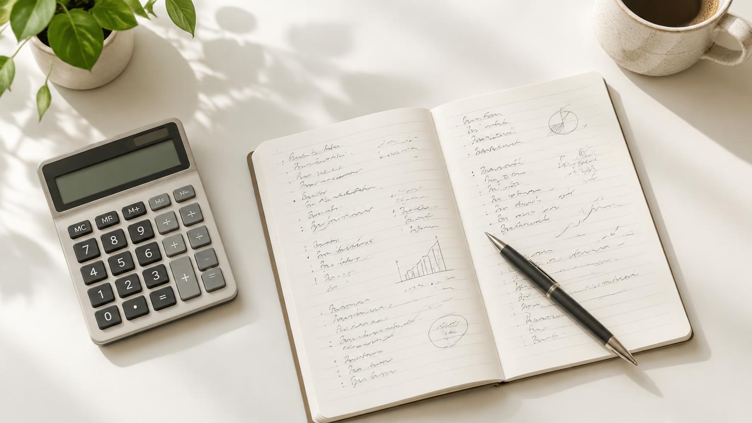 Calculator, notebook and pen on a white desk in daylight