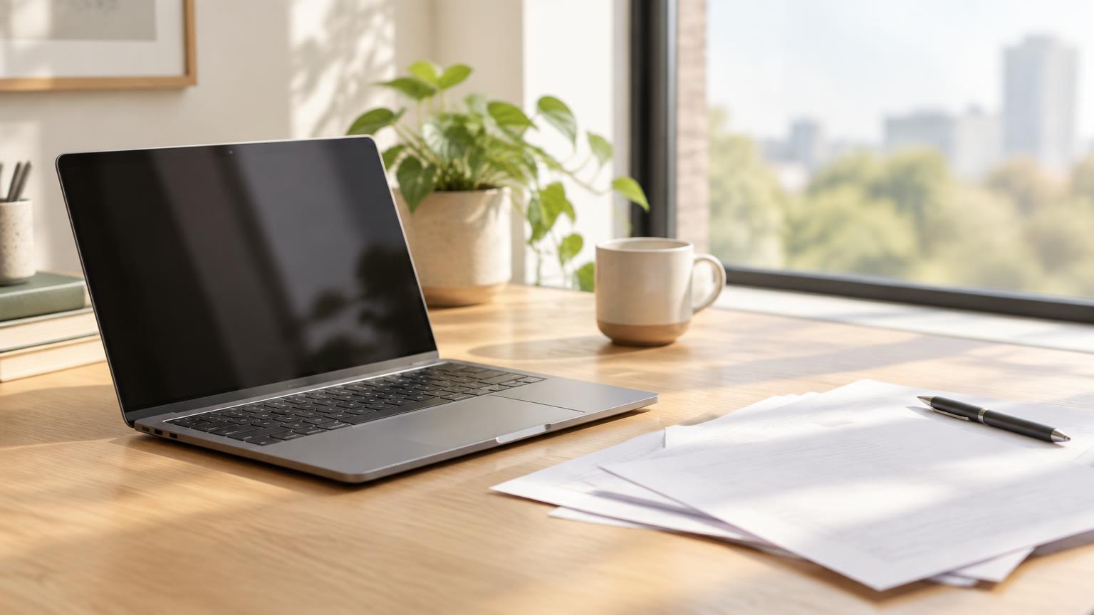 Open laptop and papers on a light desk beside a window